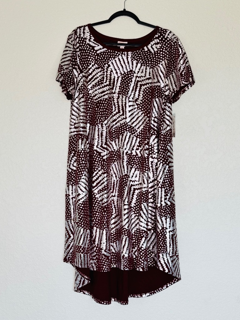LuLaRoe Carly Swing Dress XL Burgundy Metallic Silver Foil Festive Oversized New